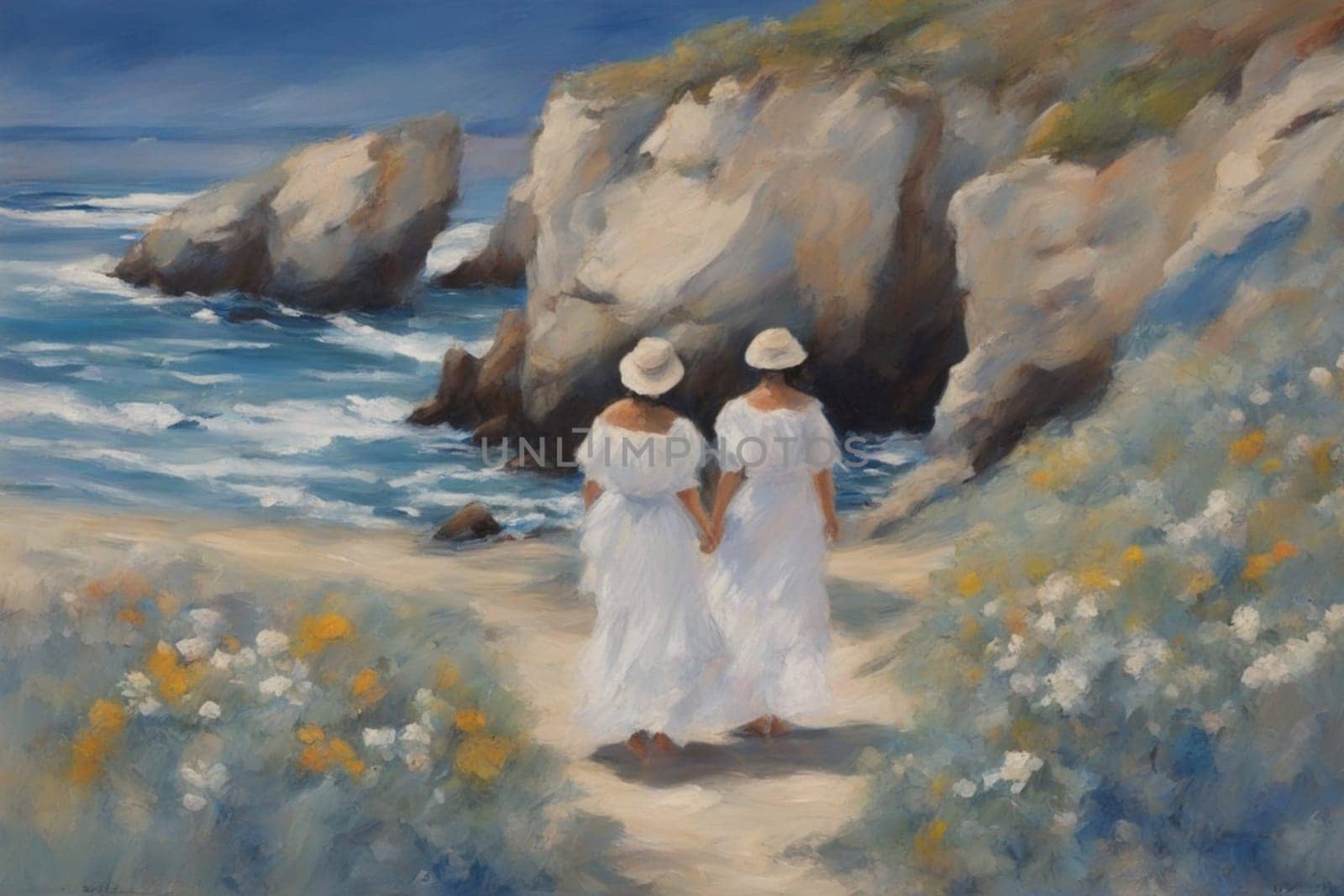 gay loving couple walking by hand in the beach, romantic open mixed race illustration by verbano