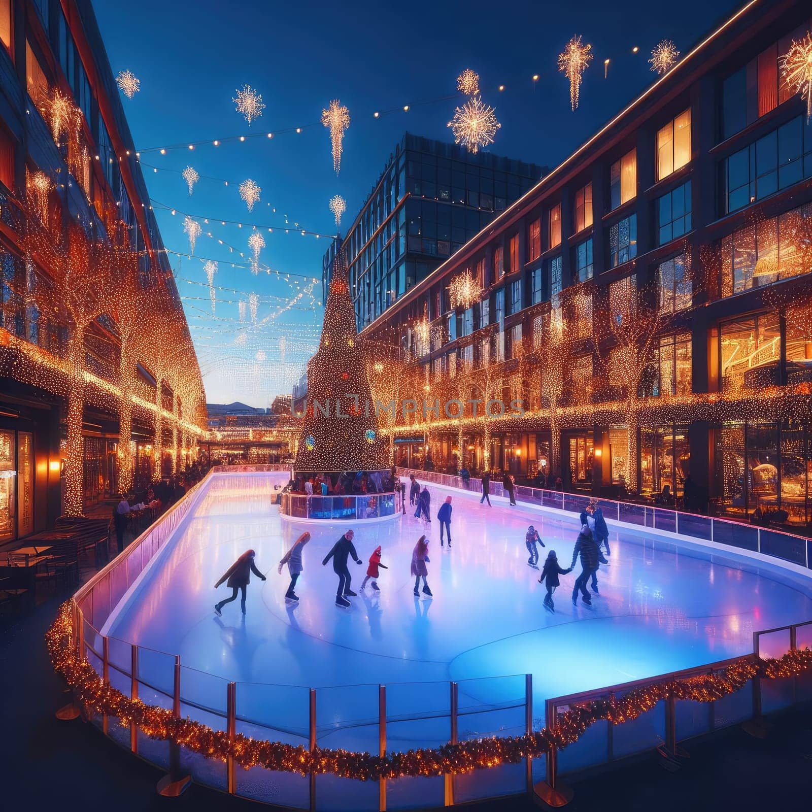 Ice skating rink near the shopping center. decorated for Christmas. In the evening by Kobysh