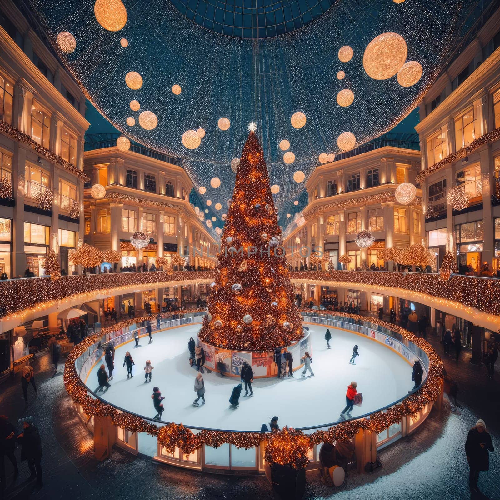 Ice skating rink near the shopping center. decorated for Christmas. In the evening.