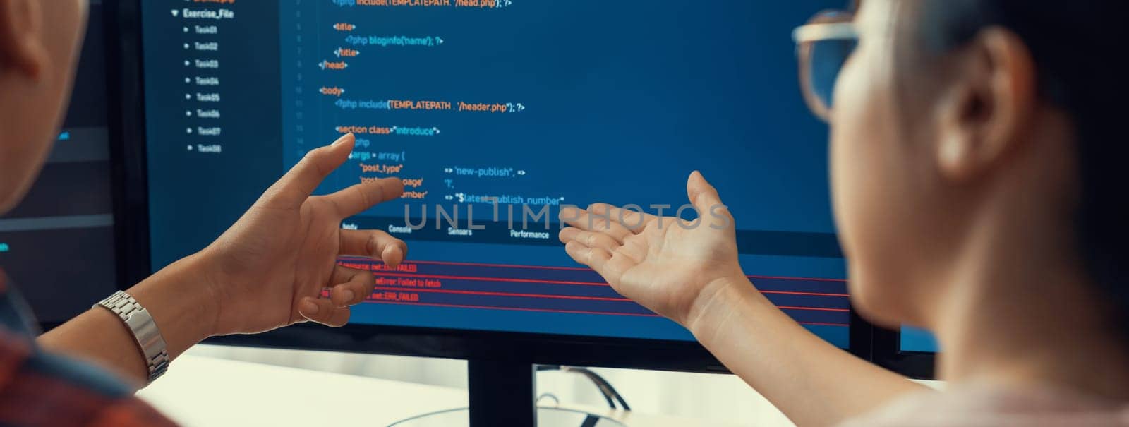 Female programer explain while pointing code displayed on computer. Burgeoning. by biancoblue