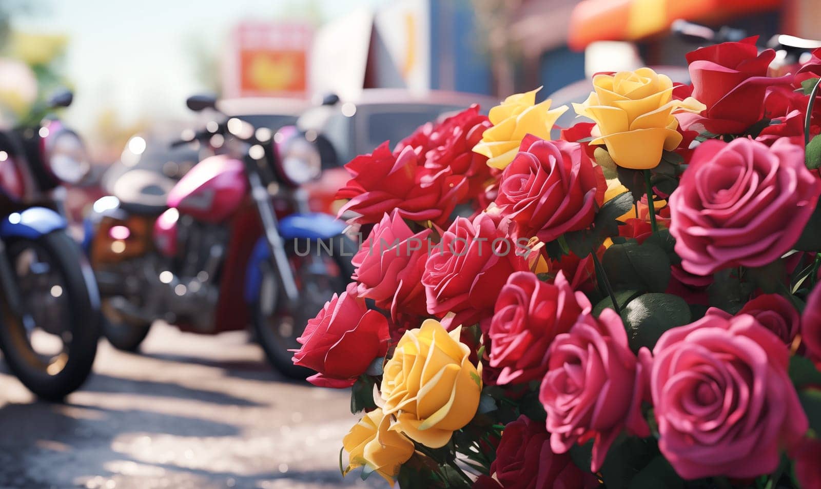 Closeup Bouquet Of Yellow Pink Roses, Monocycles On Background In Street. Rose Parade Or Flower Delivery Concept. Flower Bed, Green City, Landscaping. Ai Generated by netatsi