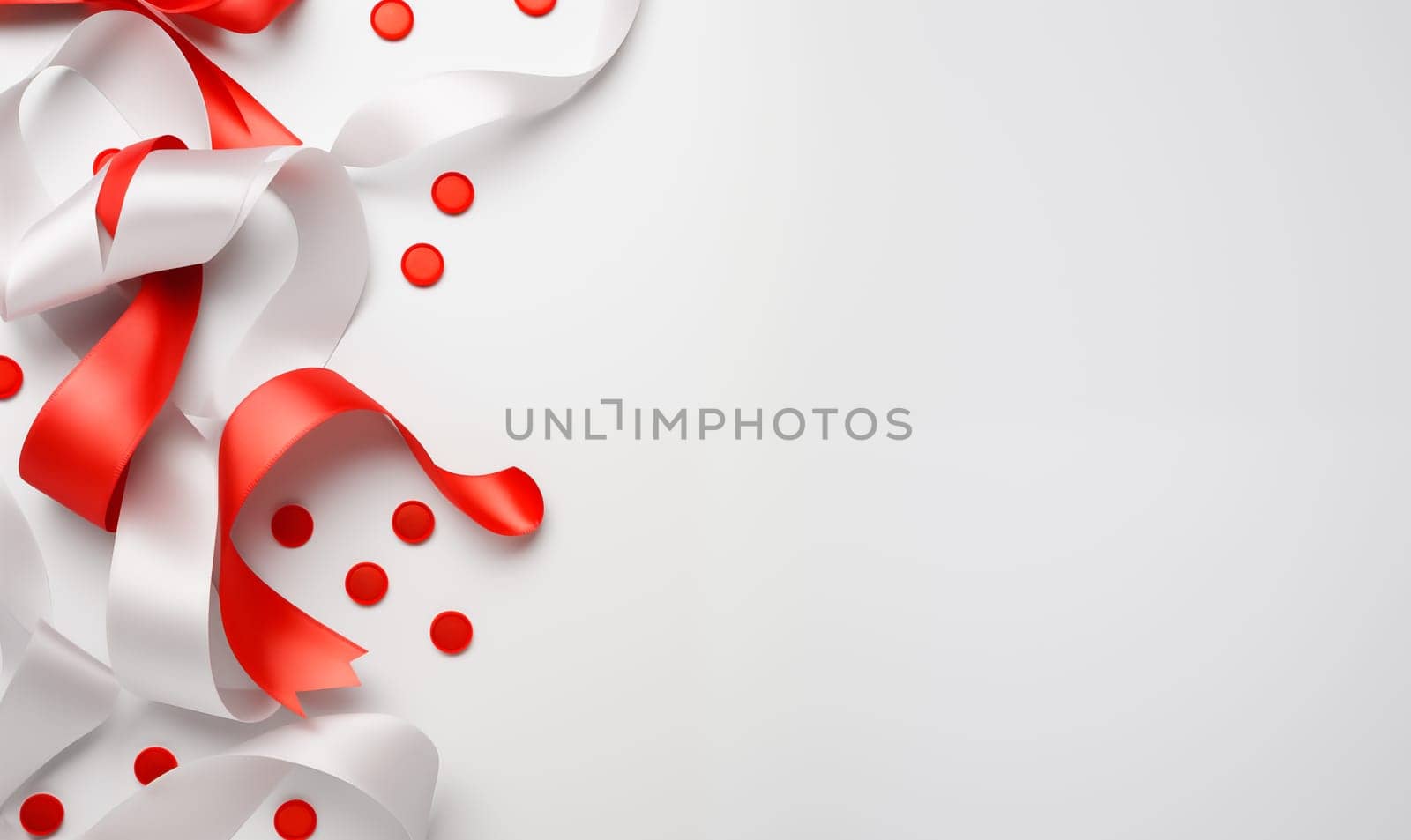 Top View Red And White Ribbon, Red Polka Dot With Empty Copy Space Isolated On A White Gray Background. Design Of Mockup For New Year Or Christmas Holidays, Birthday High quality photo