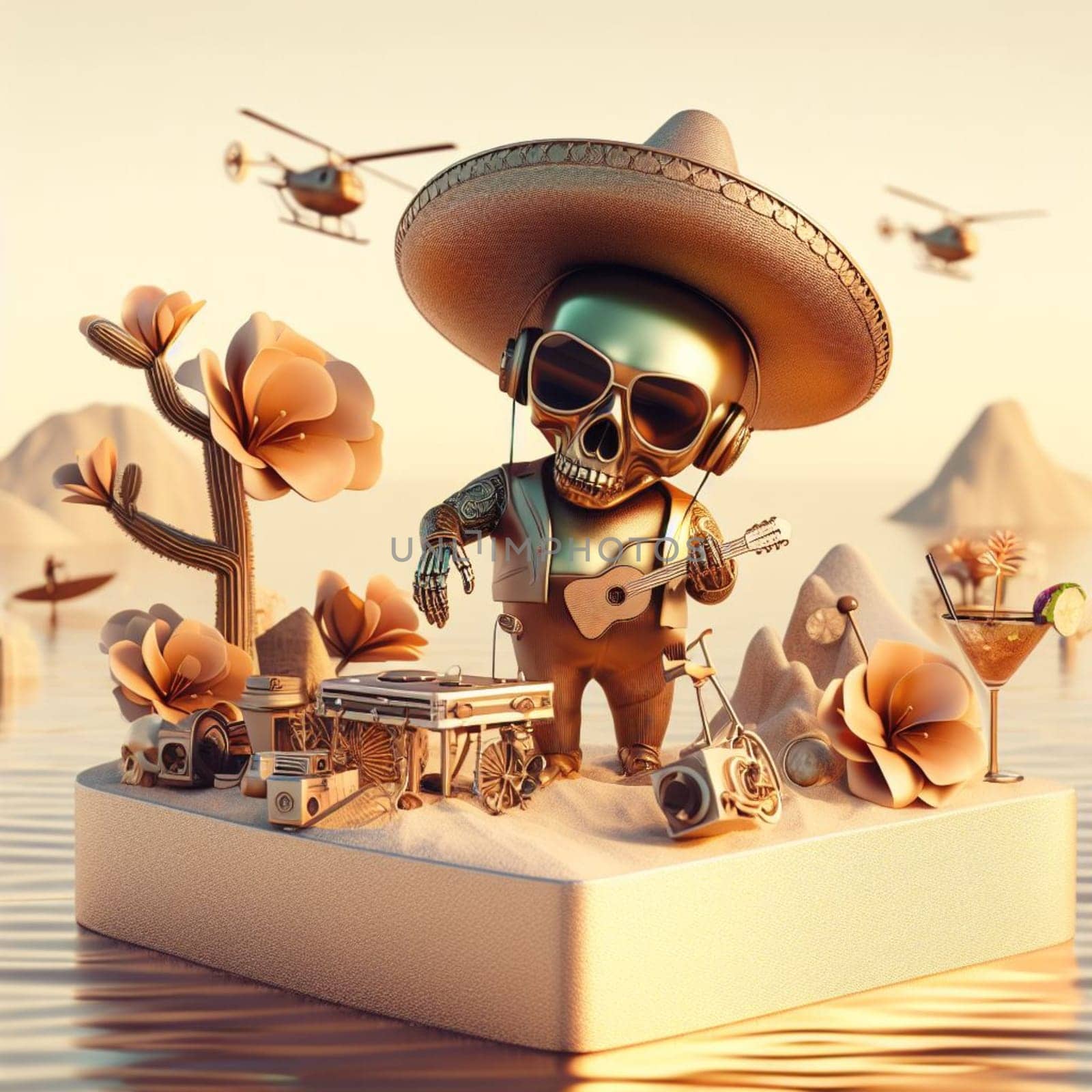 steampunk skater fashionable cool deejay alien mariachi hosting party in tropical island at sunset by verbano