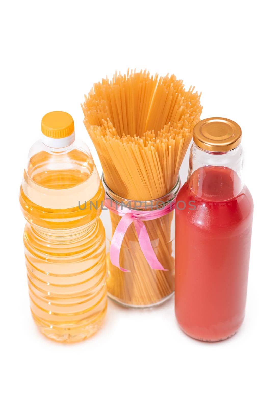 Food Reserves: Canned Food, Spaghetti, Tomato Juice, Pasta and Grocery - Isolated on White Background by InfinitumProdux
