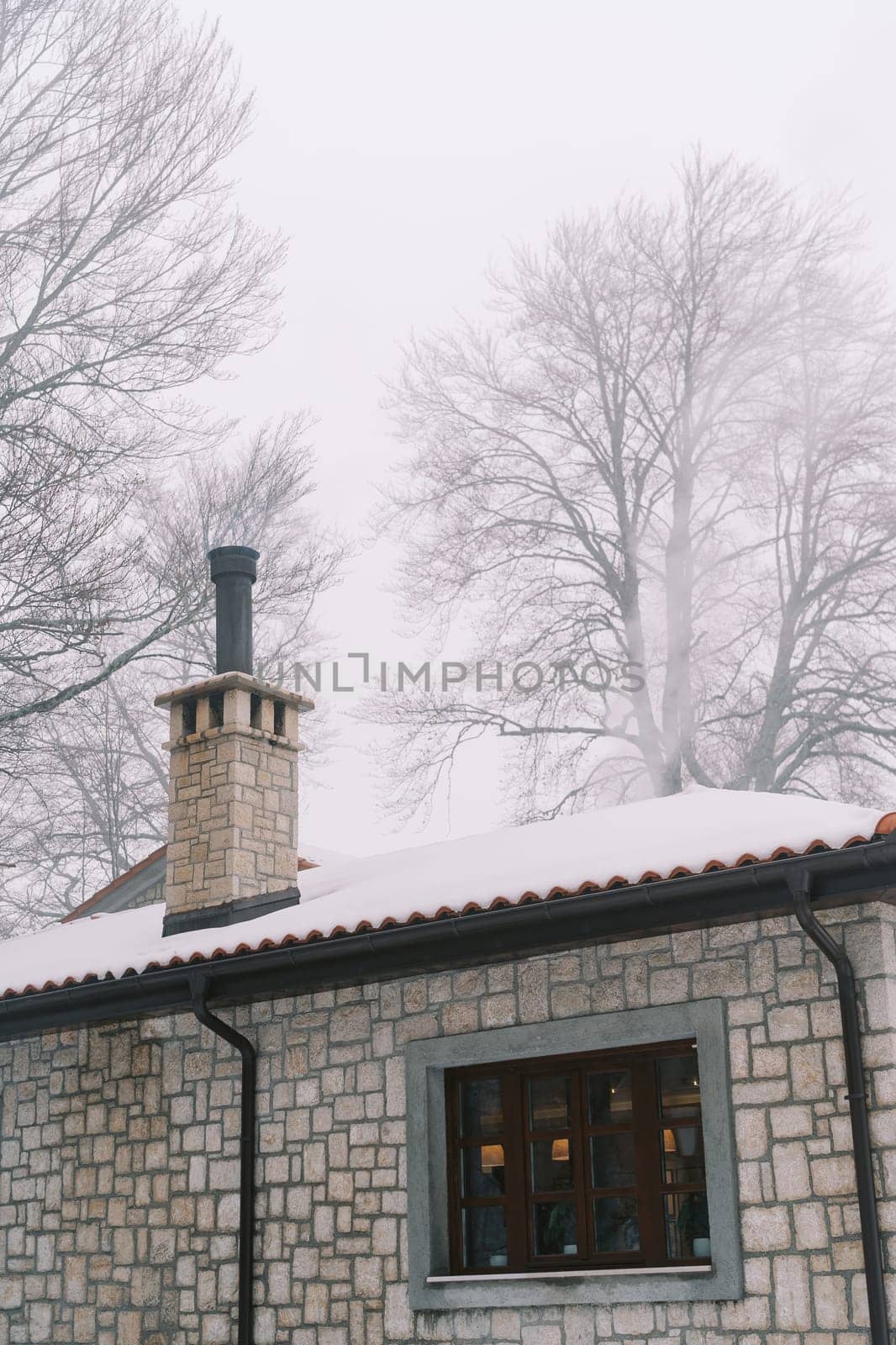 Cozy stone house in a winter forest with a high chimney by Nadtochiy