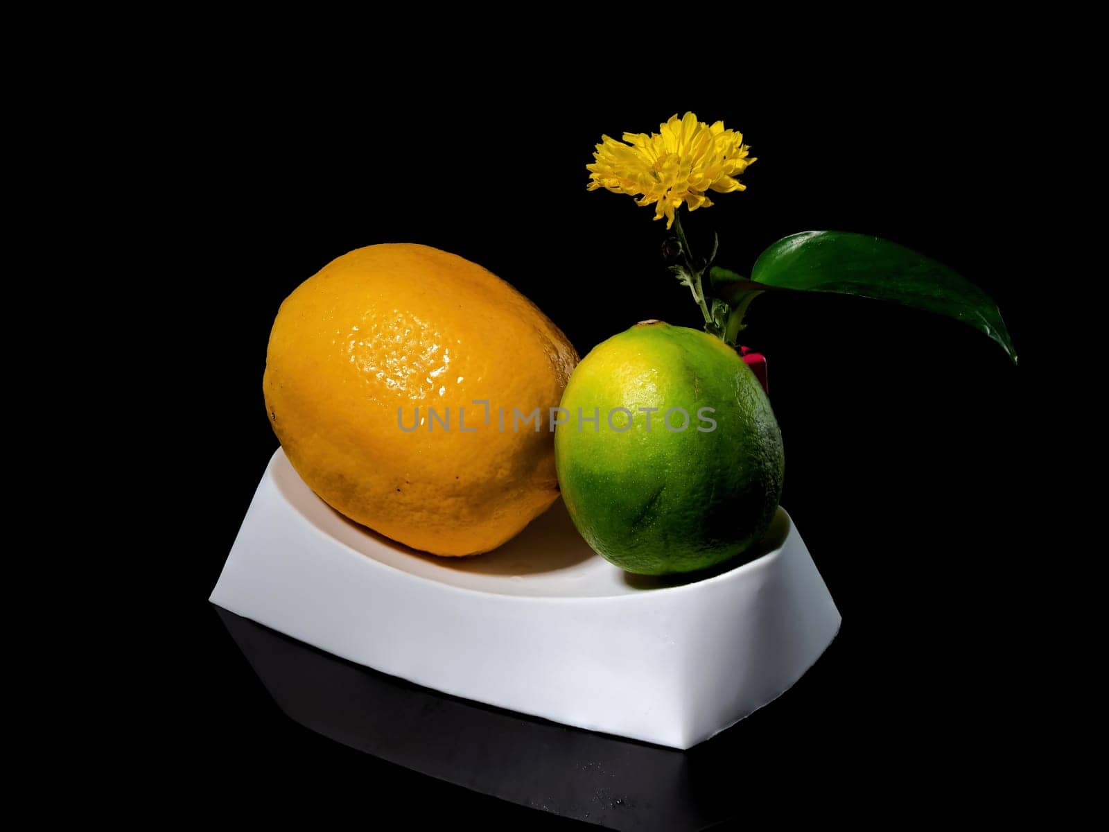 Creative still life with lemon and lime taking a bath on a black background