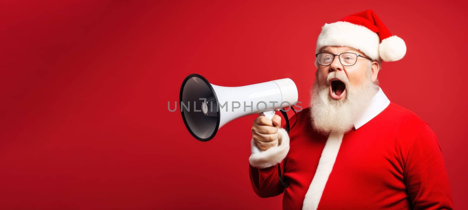 Santa Claus with megaphone on red background. Announcement or advertising of Christmas sales, announcement of winners.