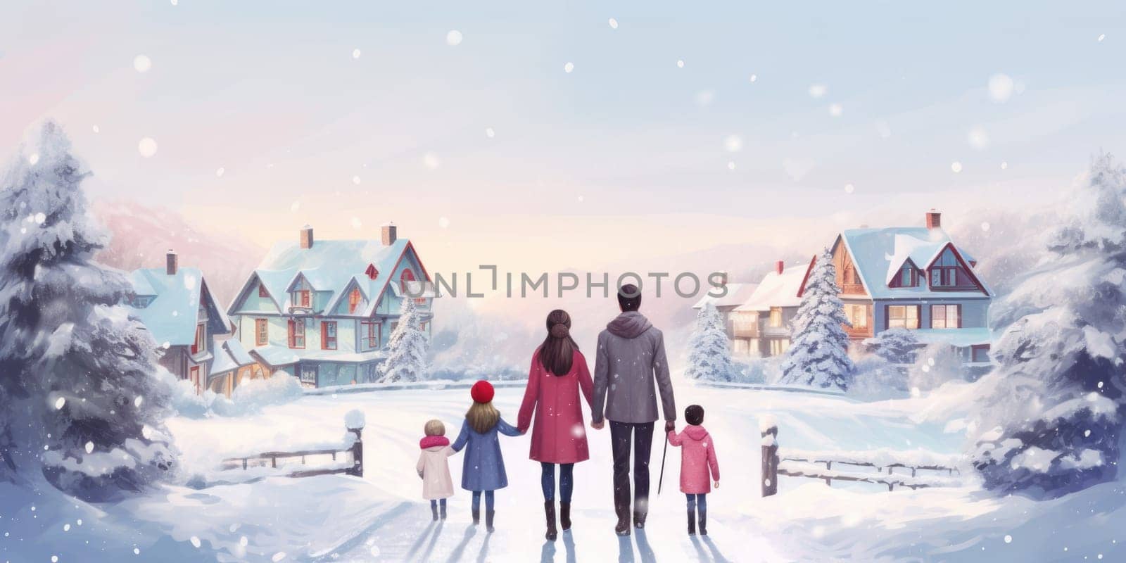 Happy family Father, mother and children are on winter walk in nature comeliness by biancoblue