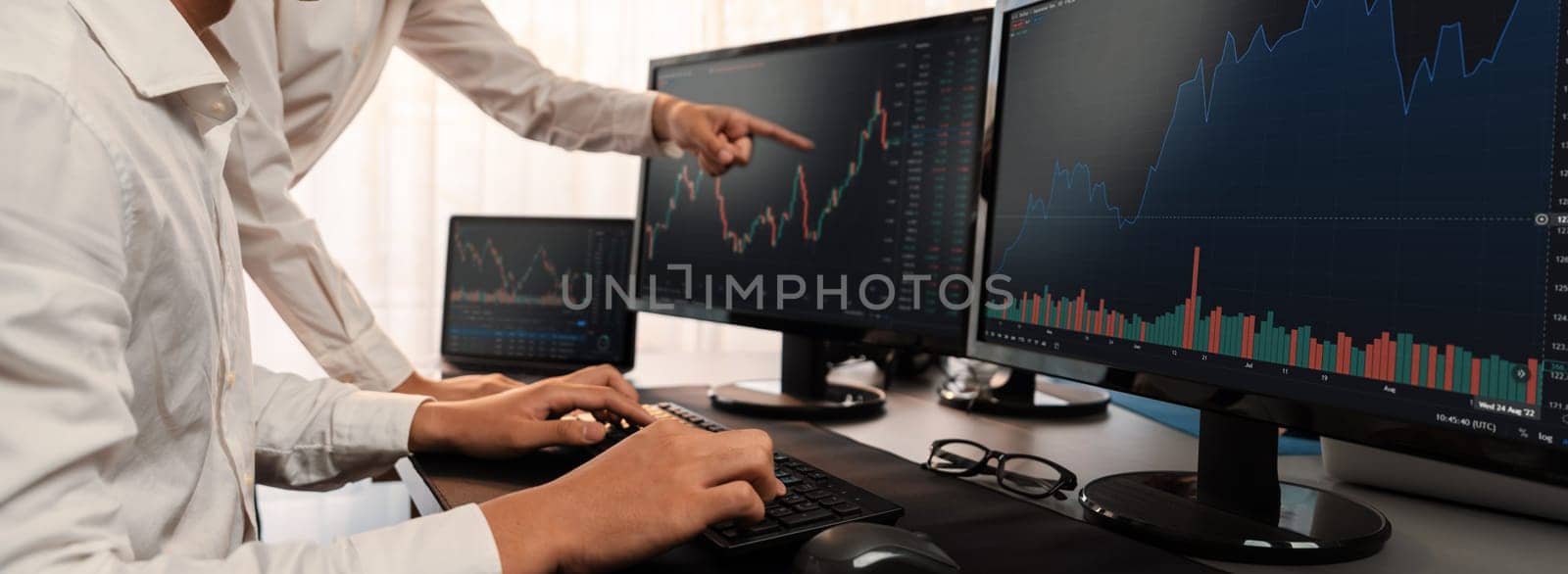 Businessman and broker analyzing stock graph at trading company. Trailblazing by biancoblue