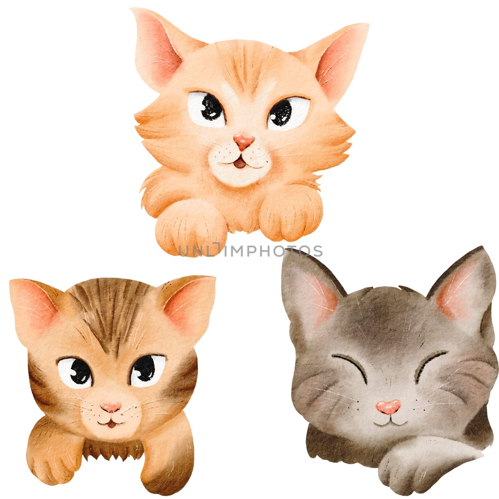 A set of cute cartoon funny cats. Striped fluffy pets, gentle and cute faces and different emotions. Big ears and eyes. Isolated watercolor elements. For textiles, postcards, books, clothes, stickers by Art_Mari_Ka