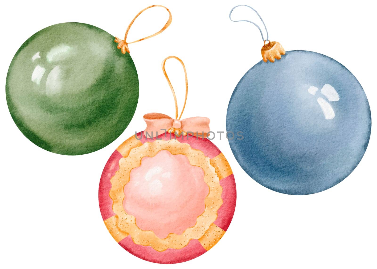 Set of creative christmas balls hand made insolated watercolor illustration. winter season. decorative background for pine tree, greeting card, bauble decorations, books. New Year holiday circle toy by Art_Mari_Ka