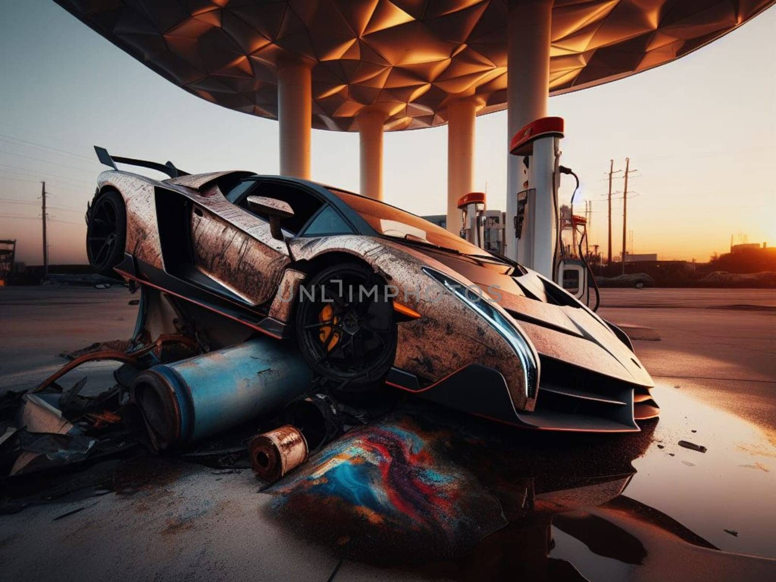 Crashed abandoned rusty expensive atmospheric supercar circulation banned for co2 emission dystopian by verbano