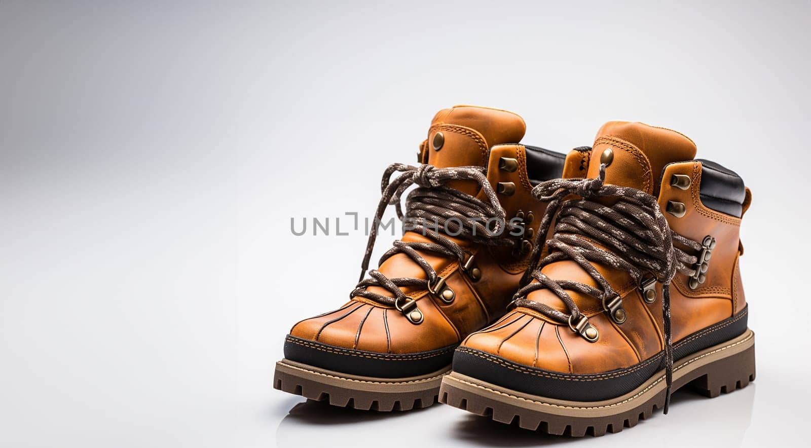 Pair of new winter boots shoe, hiking boots isolated on white background. Fashion with rough tread on sole boots with laces. Modern and stylish copy space