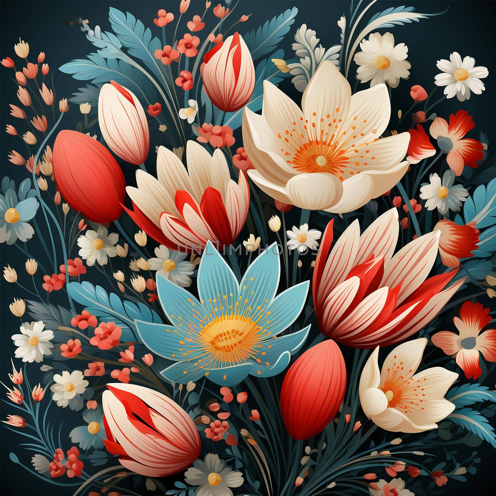 Wild spring flowers Oriental motif of flowers. Original Floral design with of a vine with exotic flowers, tropic leaves. Colorful flowers on a white background. Folk style. beauty
