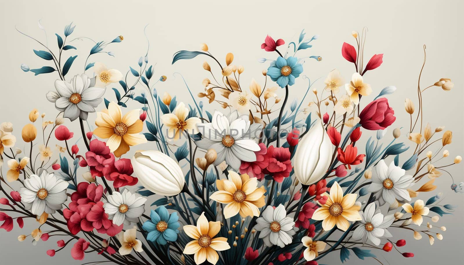 Wild spring flowers Oriental motif of flowers. Original Floral design with of a vine with exotic flowers, tropic leaves. Colorful flowers on a white background. Folk style. beauty