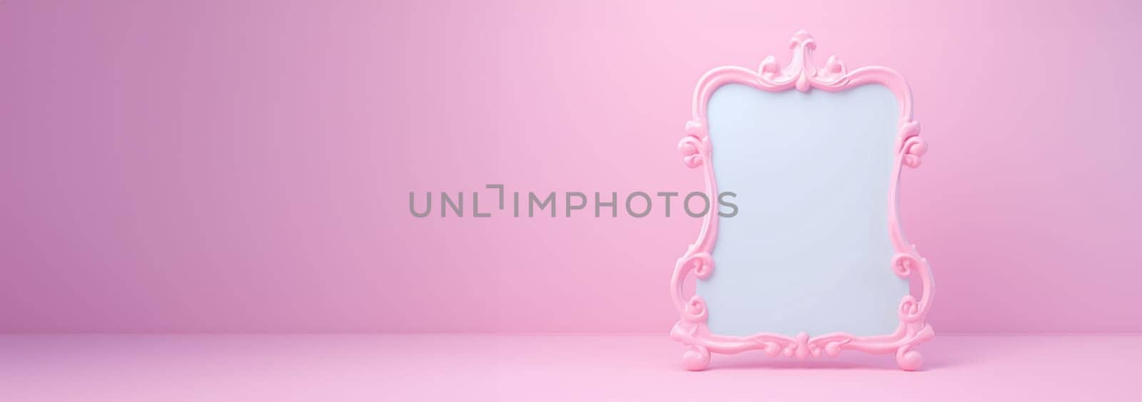 Antique vintage 3D mirror pastel colored. Beauty design for banner with Makeup mirror Copy space. Pink,purple blue background. Beauty design Space for text
