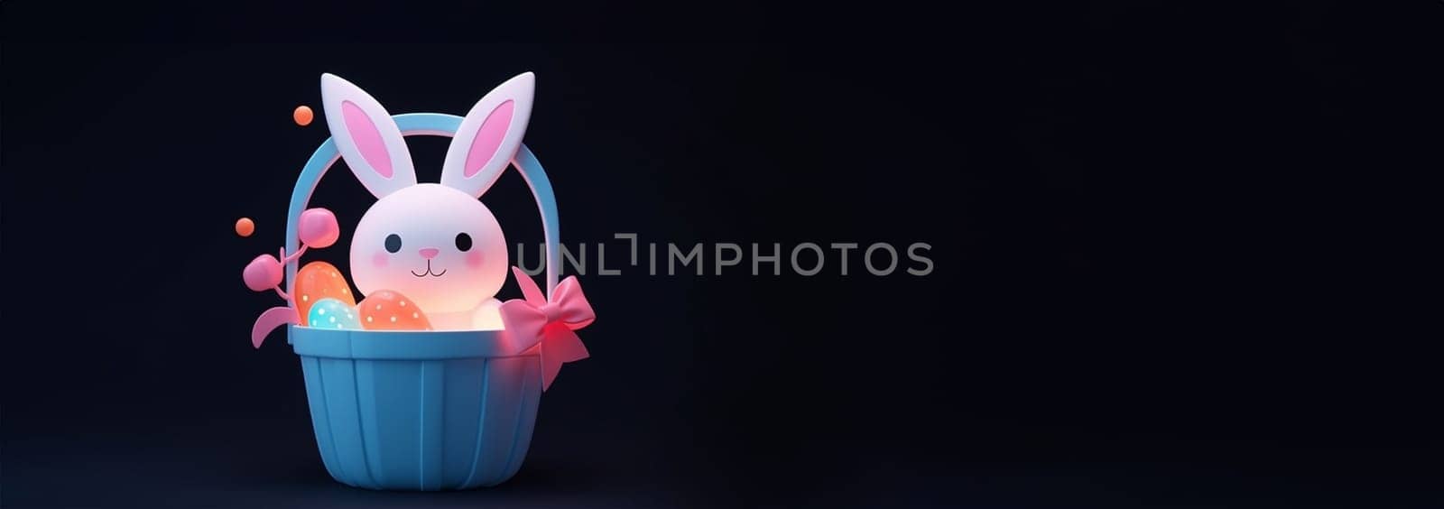 Cute Little Easter bunny with decorated Easter eggs on the grass. Glowing neon lights and dark background. Futuristic technology concept in dark and blue light. illustration Copy space. Happy Easter deign Space for text