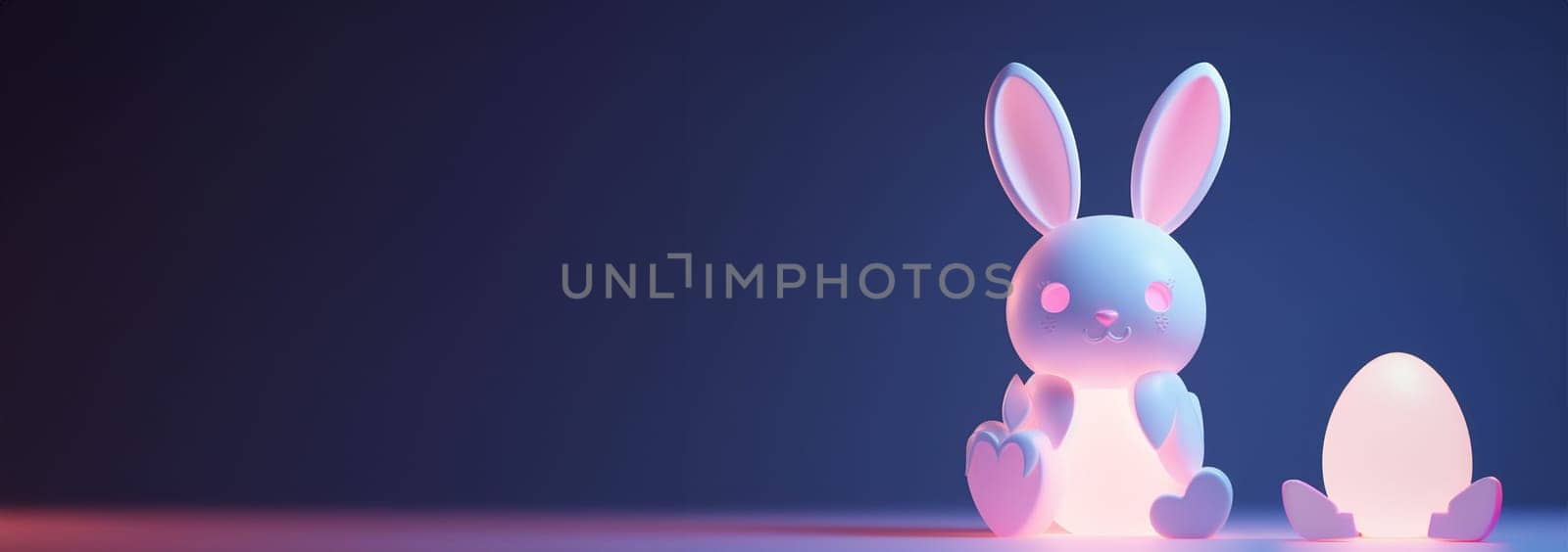 Cute Little Easter bunny with decorated Easter eggs on the grass. Glowing neon lights and dark background. Futuristic technology concept in dark and blue light. illustration Copy space. Happy Easter deign Space for text