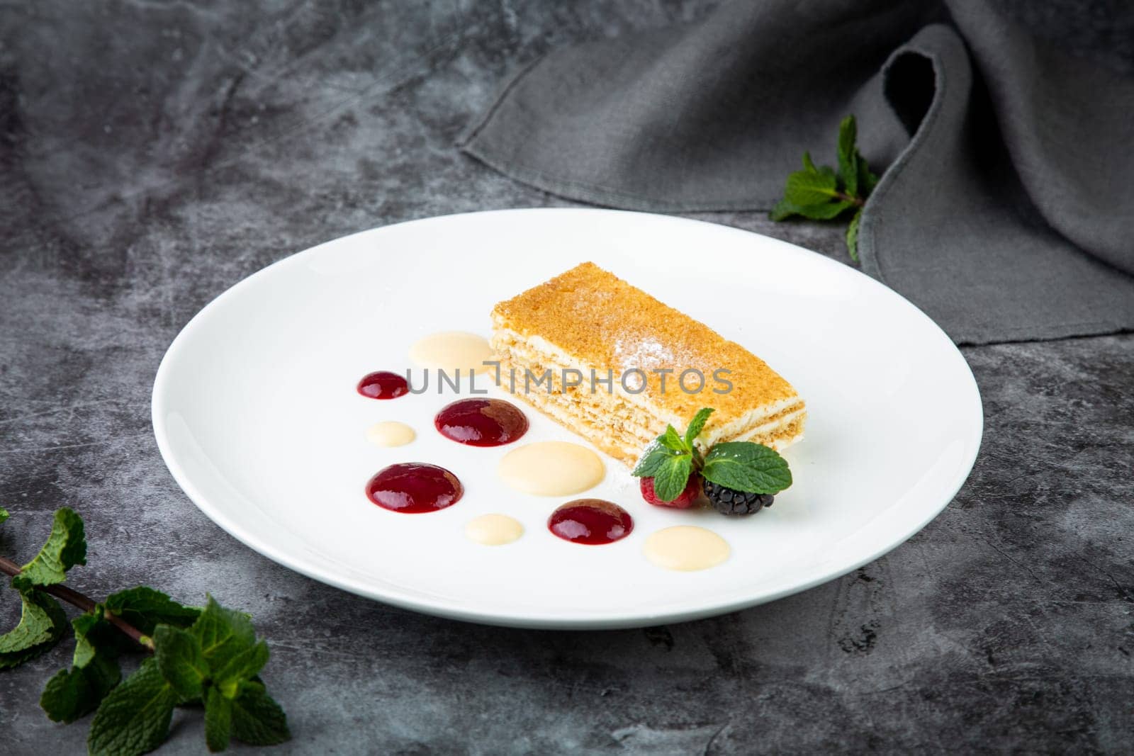 white sponge cake with drops of syrup, mint and wild berries on a round plate side veiw by tewolf