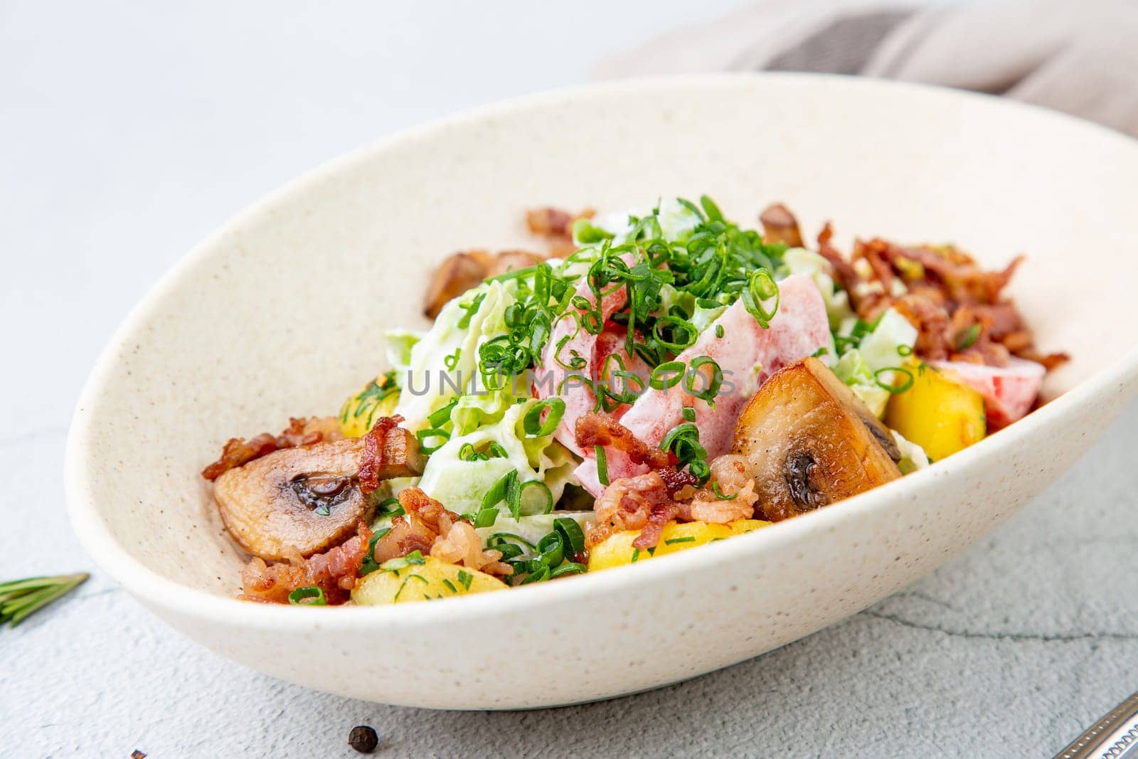 salad with potatoes, rice, meat and green onions