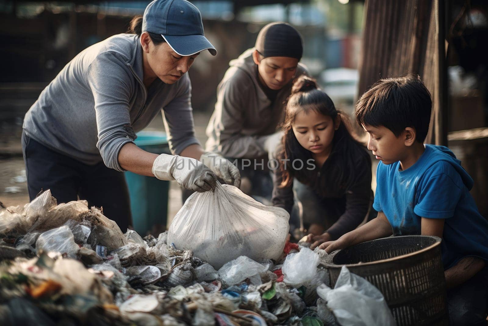 People sorting garbage, paper and organics for recycling.