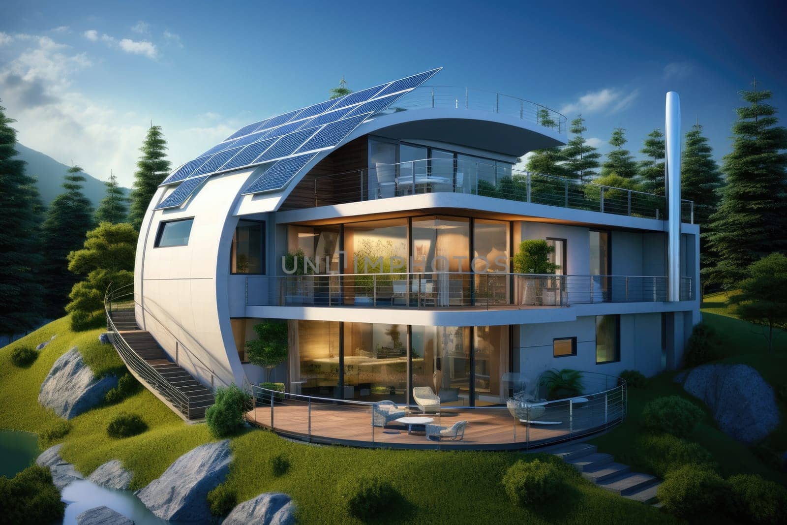 Ecological house or green building building surrounded by nature, with solar panels or wind turbines by Yurich32
