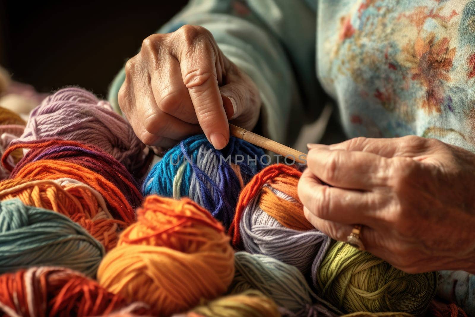 Female hands with balls of colorful threads. Close-up
