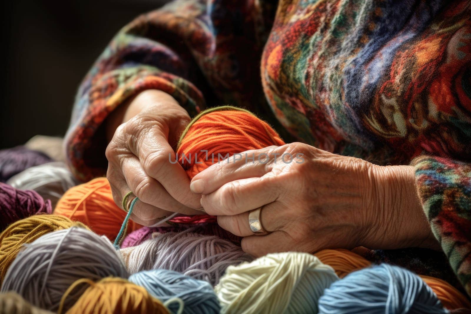 Female hands with balls of colorful threads. Close-up. by Yurich32
