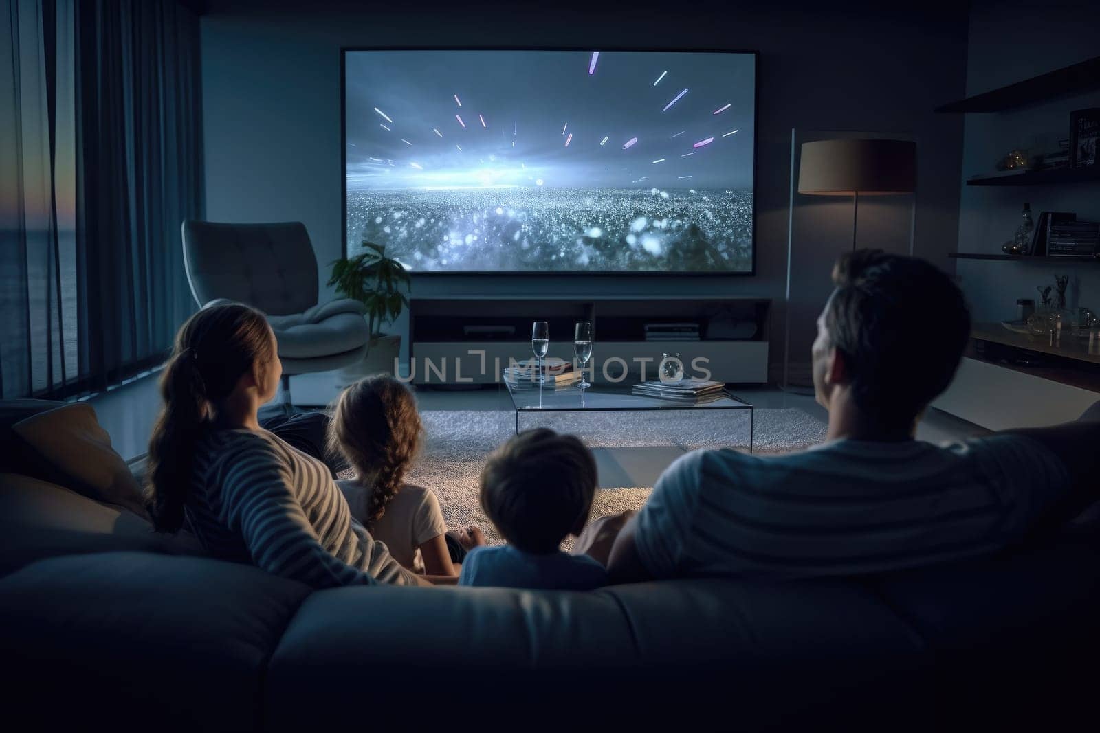 A family watches a movie in a home theater