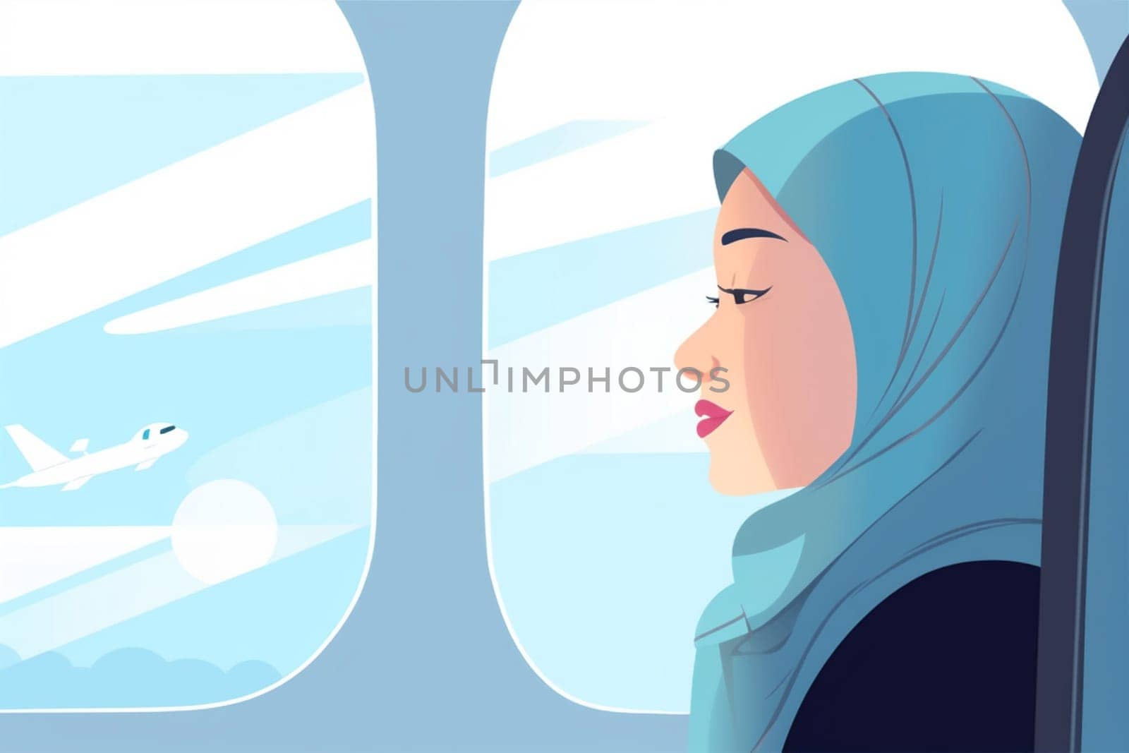 woman passenger journey flight vacation window character plane trip transportation seat. Generative AI. by Vichizh