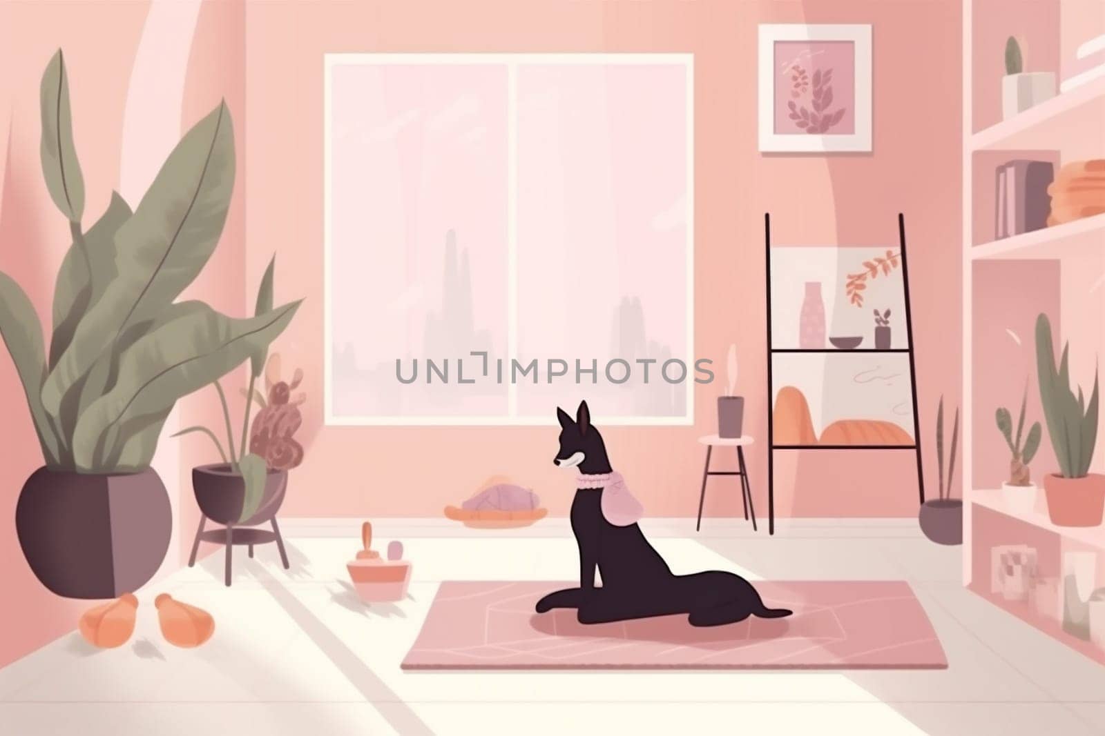 dog sport woman cat lifestyle practice cartoon stretching relaxation exercise pet activity exercising yoga indoor meditation pose fitness home body training. Generative AI.