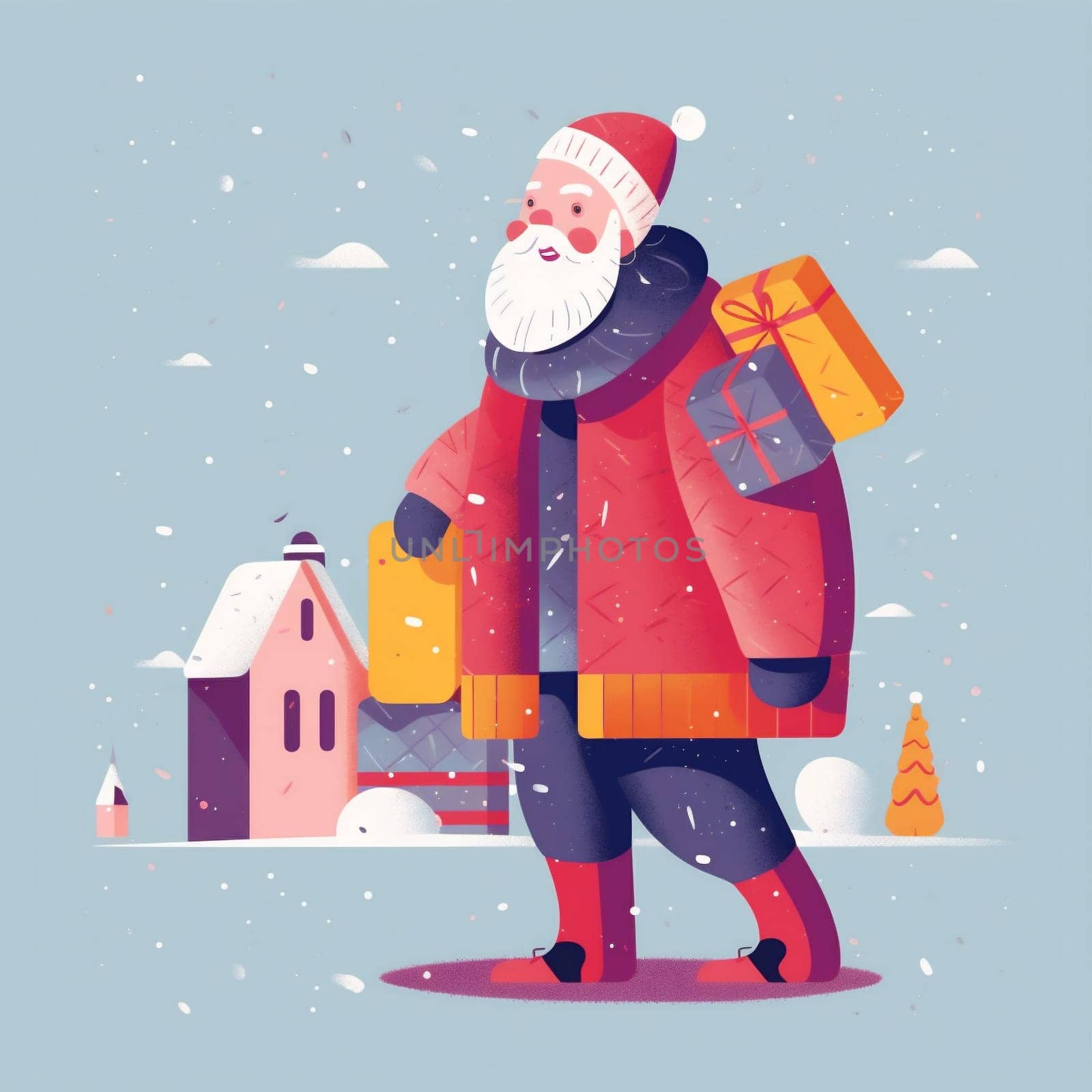 snowflake claus year winter xmas celebration santa gift present person illustration red tradition happy cartoon celebrate christmas seasonal holiday smile. Generative AI.