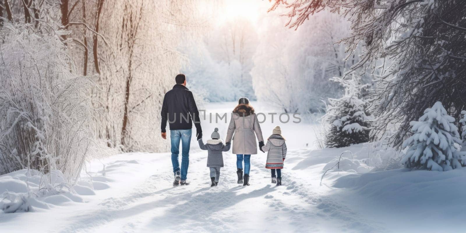 Happy family Father, mother and children are on winter walk in nature comeliness by biancoblue