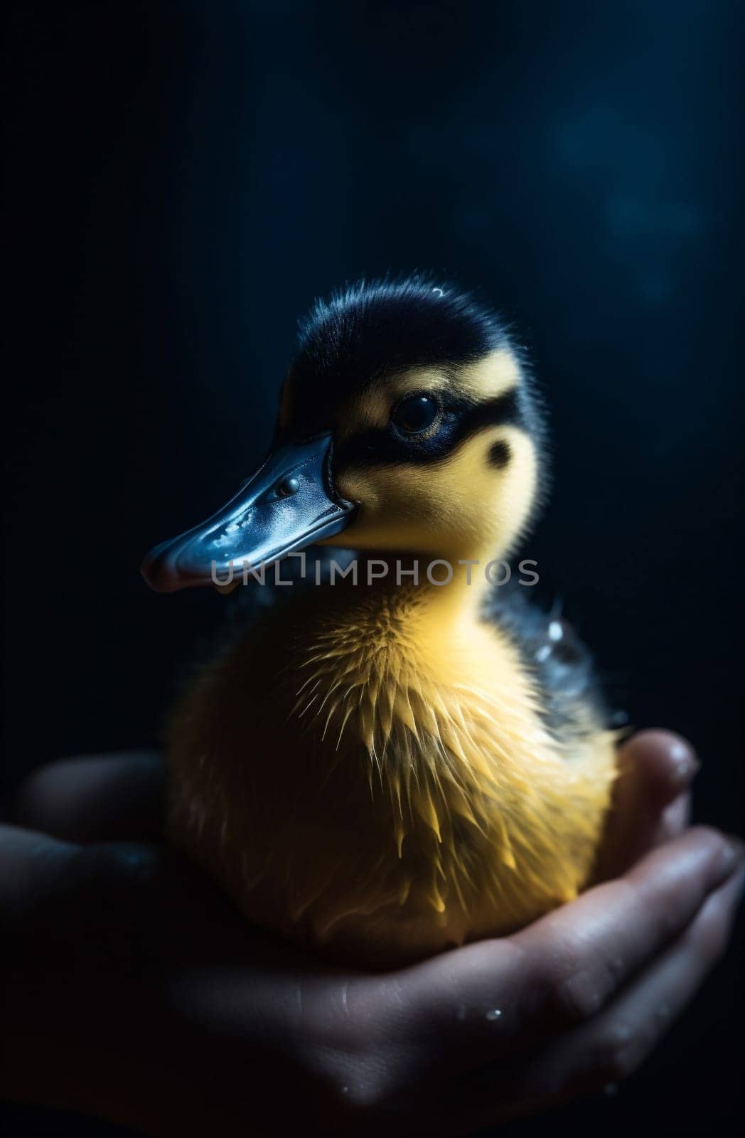 yellow baby happy duck cute green close-up pet animal bird child adorable farm duckling girl soft hand life childhood little. Generative AI.