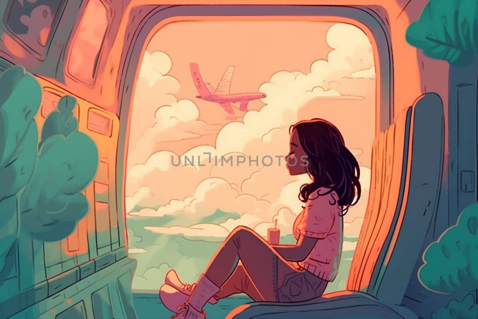 window woman plane seat journey passenger character flight aeroplane transportation trip. Generative AI. by Vichizh