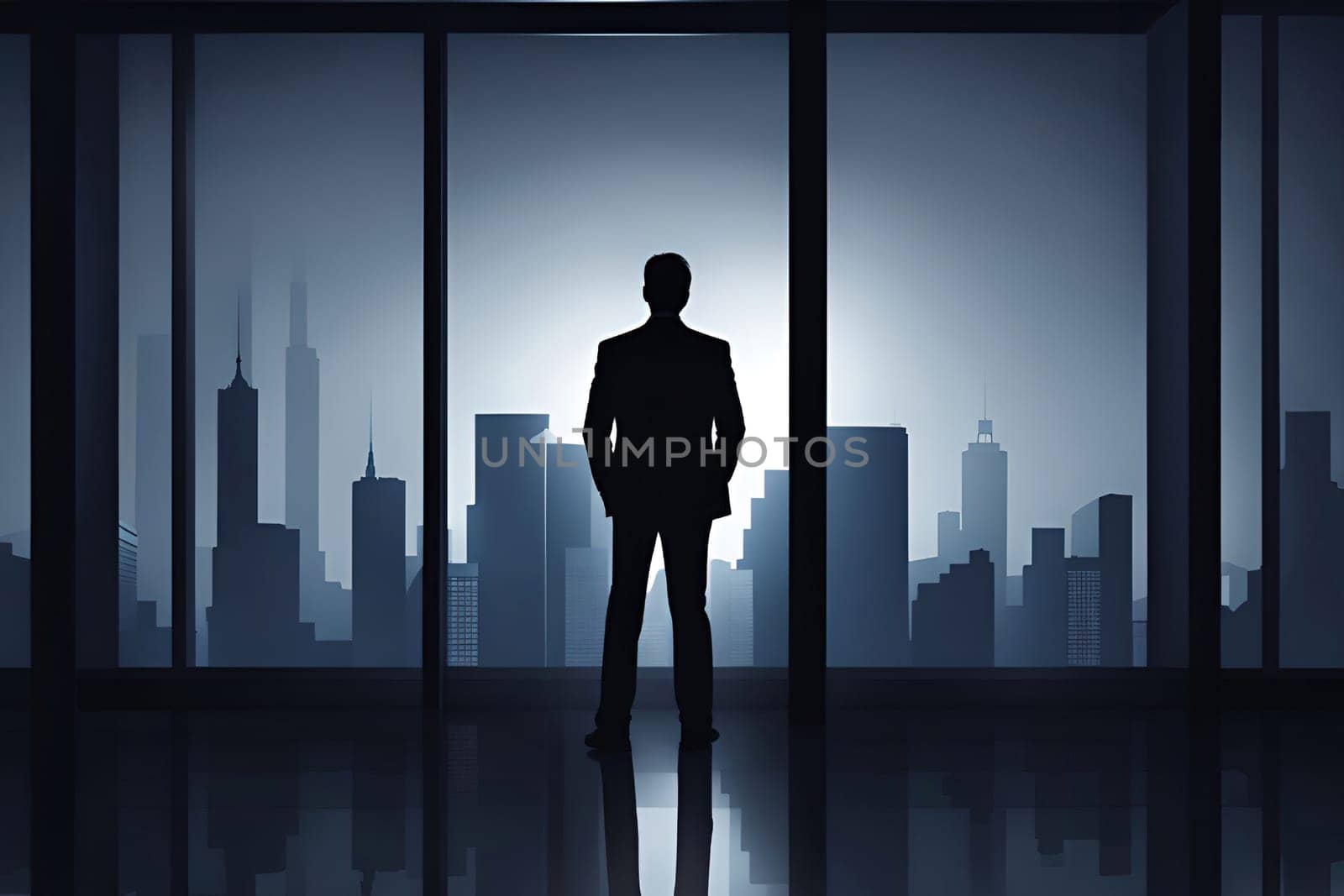 Silhouette of a businessman standing in an office with a city view.Silhouette of businessman standing in modern office and looking at city.