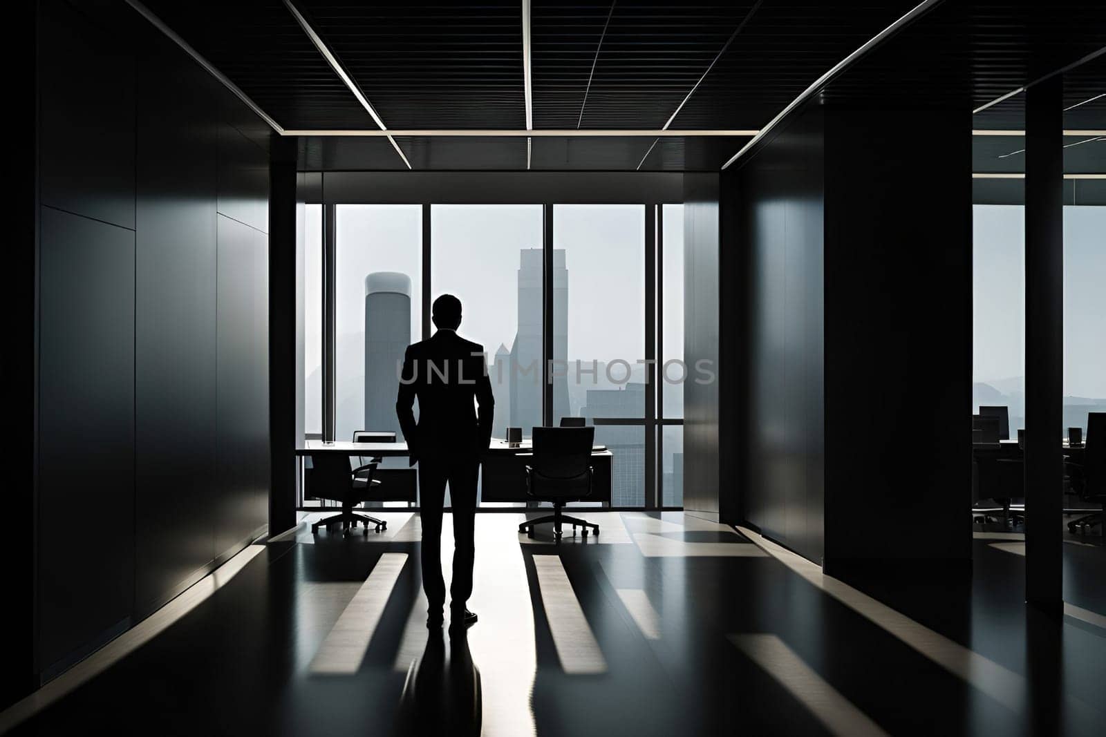 Silhouette of a businessman standing in an office with a city view. by yilmazsavaskandag