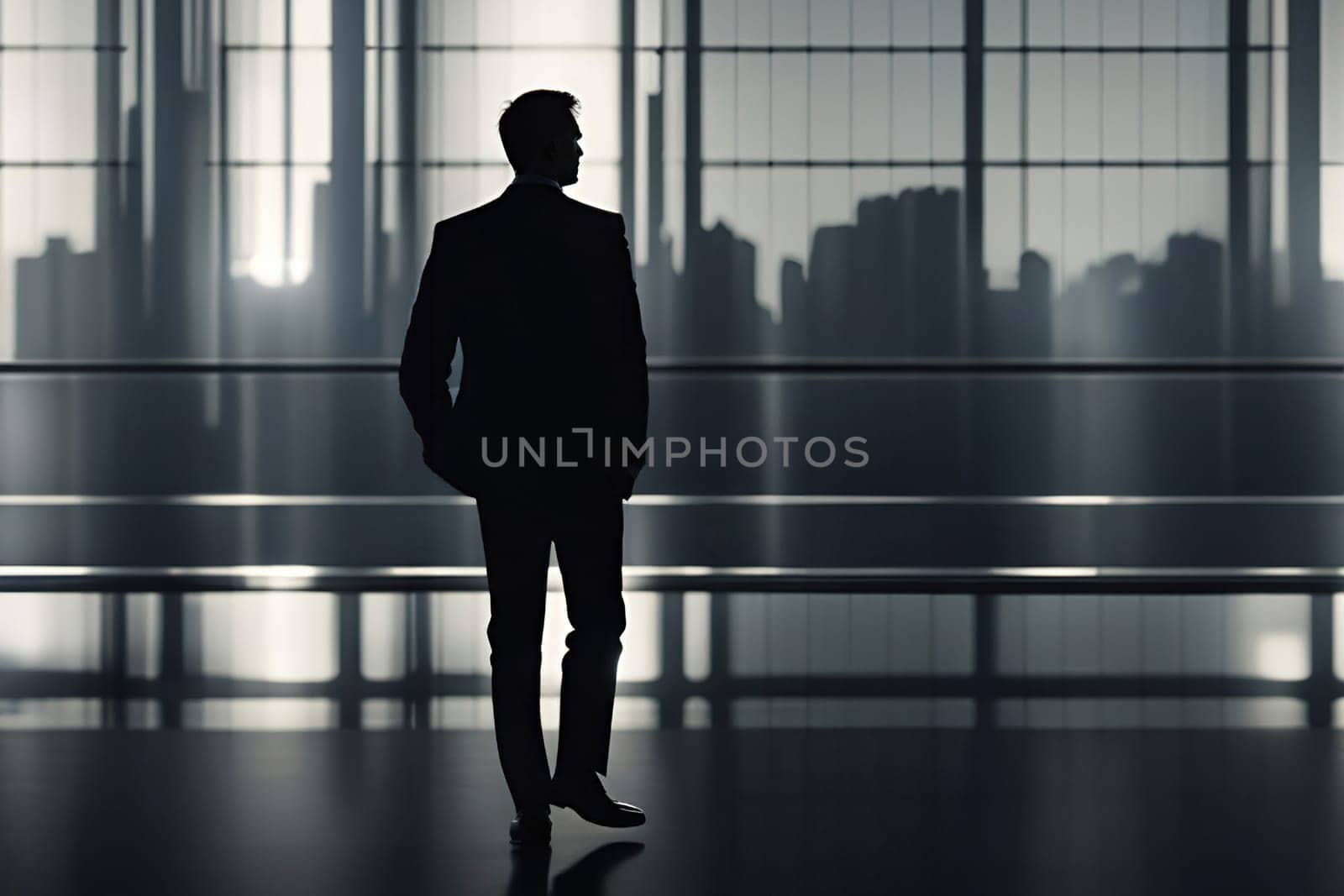 Silhouette of a businessman standing in an office with a city view. by yilmazsavaskandag