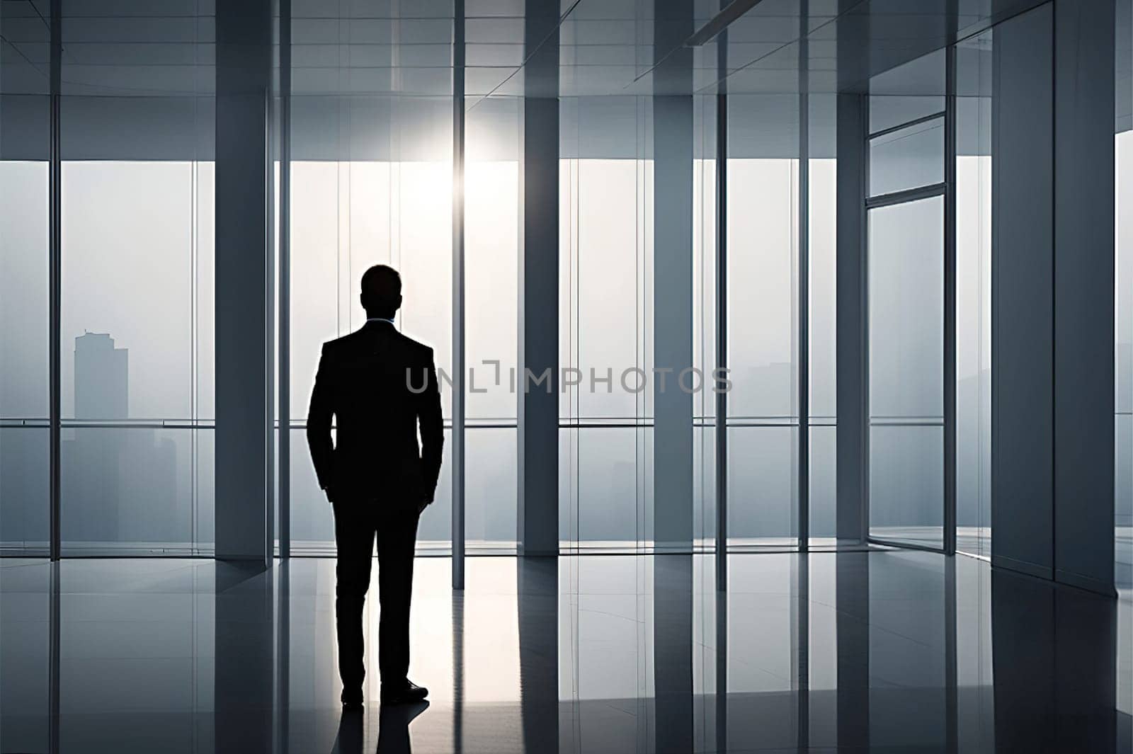 Silhouette of a businessman standing in an office with a city view. by yilmazsavaskandag