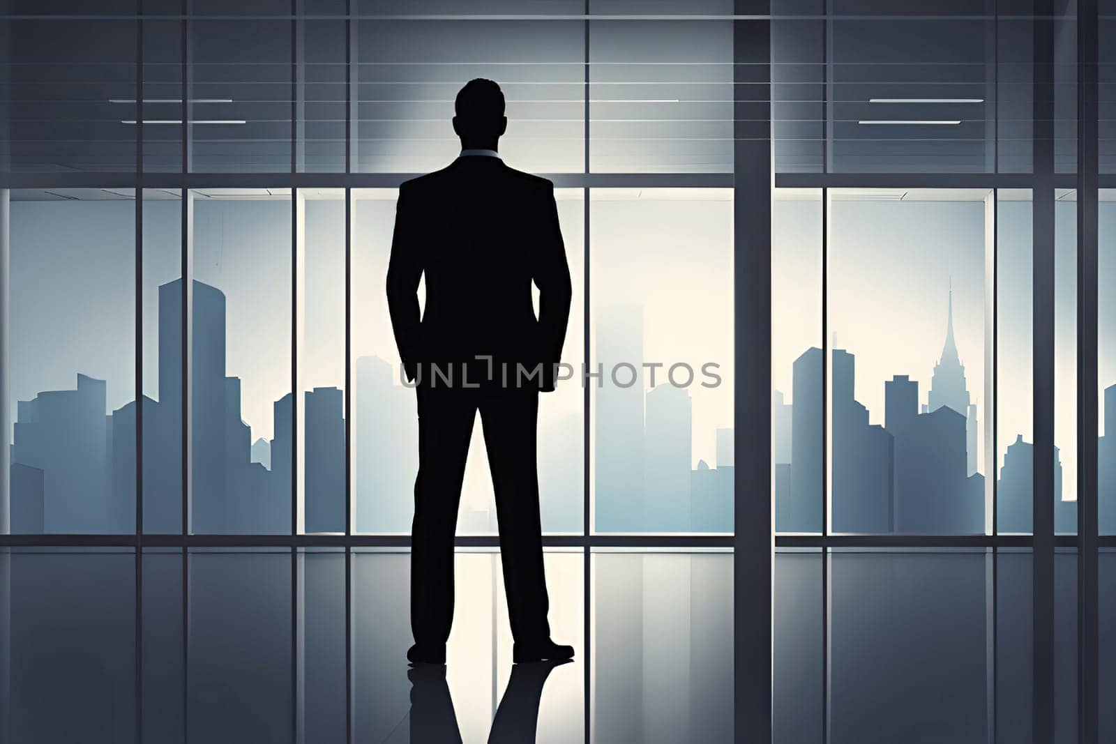 Silhouette of a businessman standing in an office with a city view. by yilmazsavaskandag