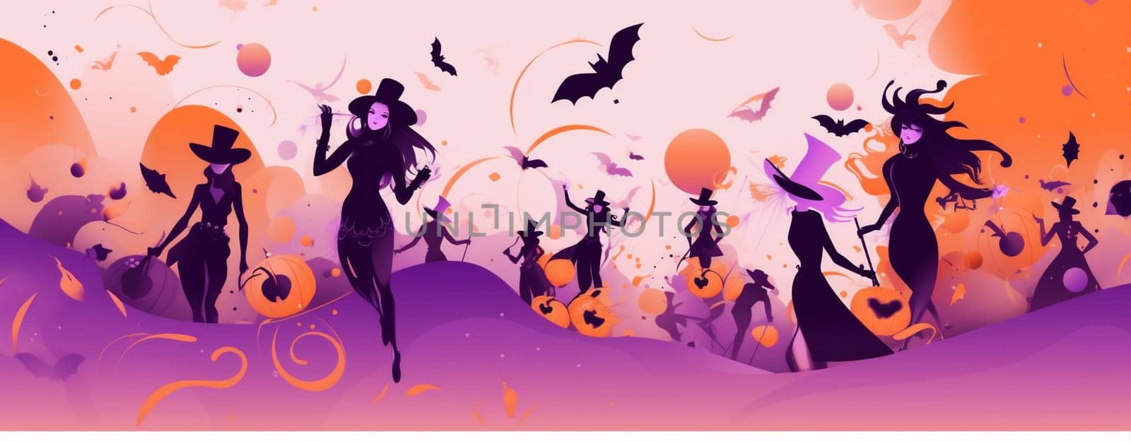 moon card night witch pumpkin devil girl background fantasy creepy design hat holiday horror party black evil autumn dark halloween greeting. Generative AI.
