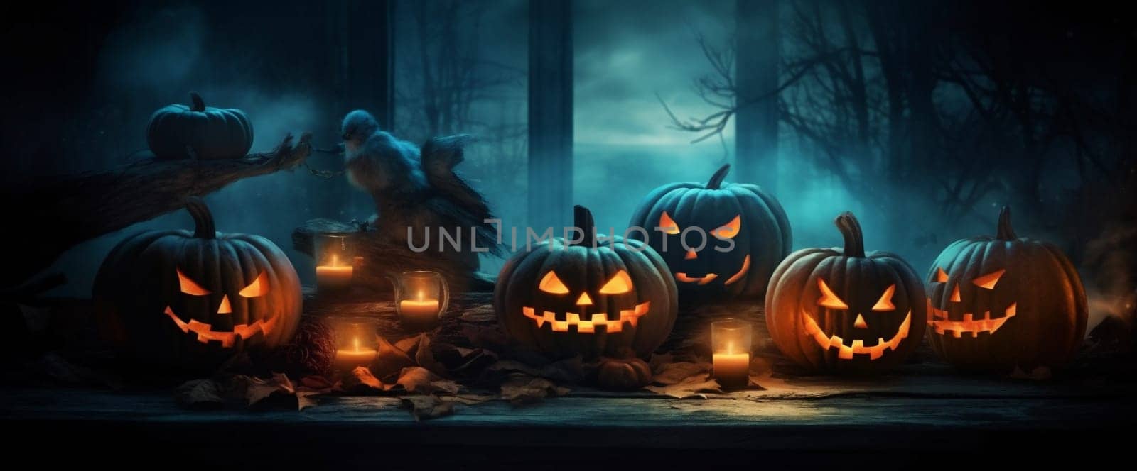 evil tree copyspace night horror jack fall silhouette table background grunge mystery forest holiday halloween moon fear blue grave candle pumpkin. Generative AI.