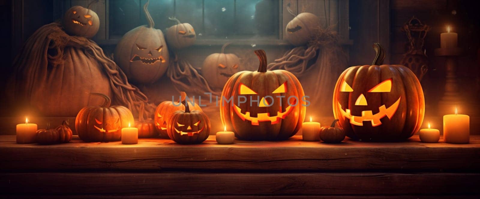 tree horror background blue fear mystery pumpkin table halloween night evil. Generative AI. by Vichizh