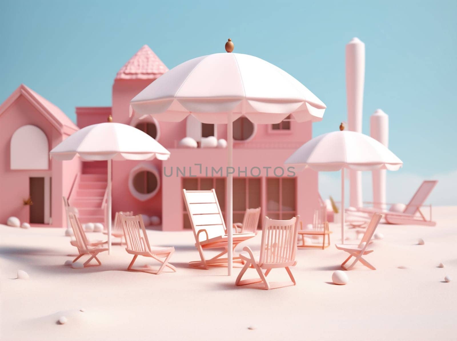 parasol retro sun vacation umbrella holiday pink summer chair sand. Generative AI. by Vichizh