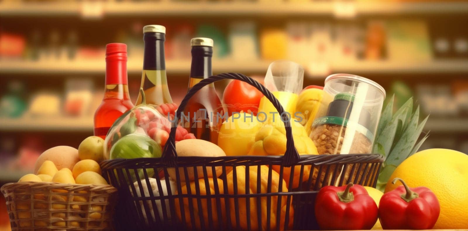 shop shopping basket food supermarket delivery store market grocery retail. Generative AI. by Vichizh