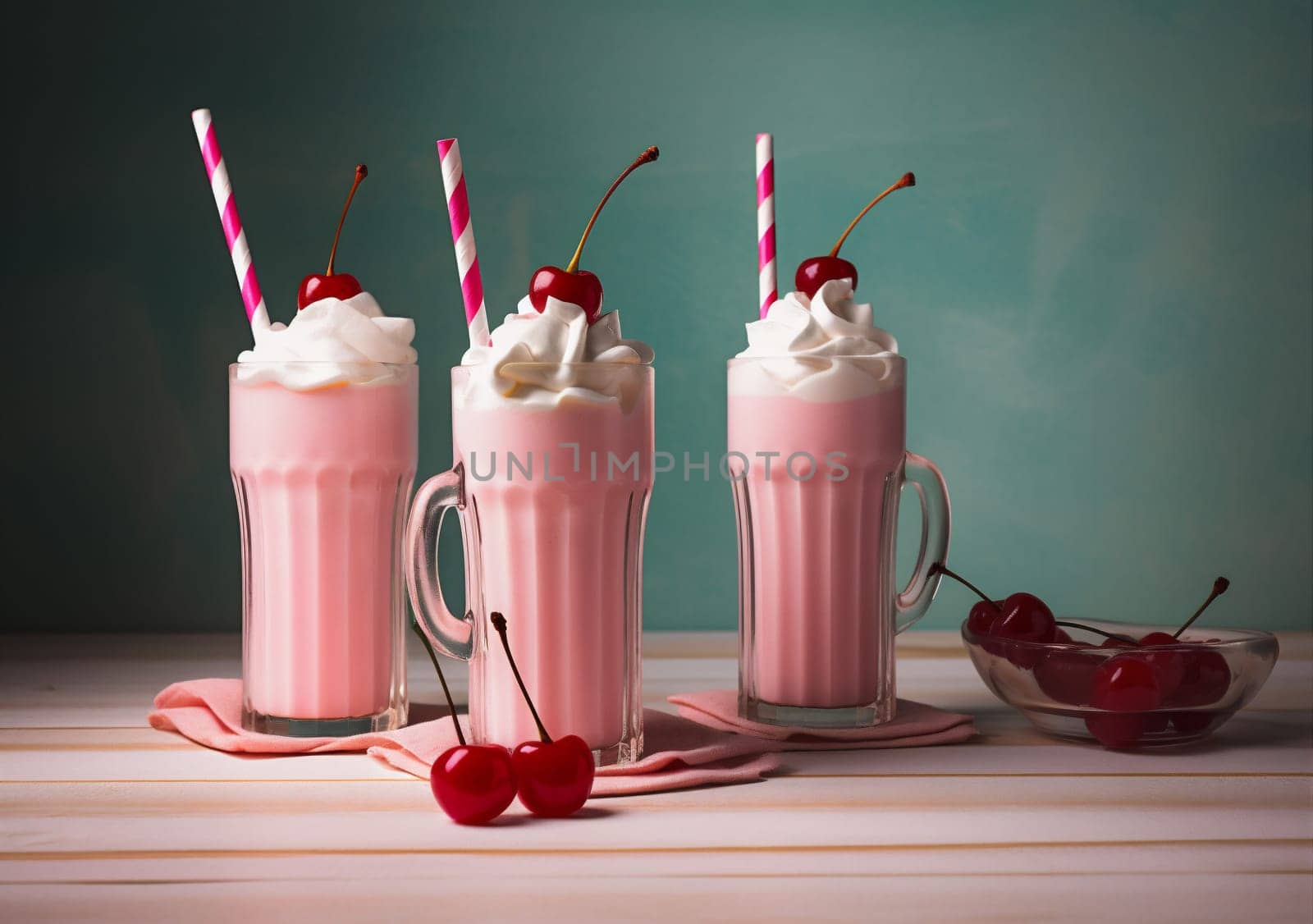 milkshake drink pink beverage sweet cocktail glass ice retro cream. Generative AI. by Vichizh