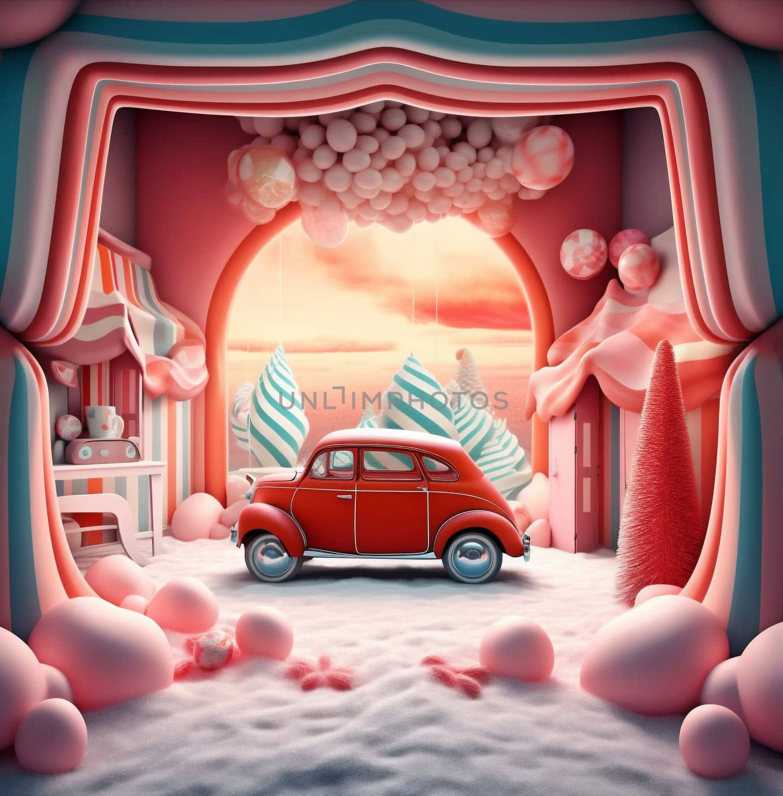 merry winter snow gift holiday retro festive car christmas candy. Generative AI. by Vichizh