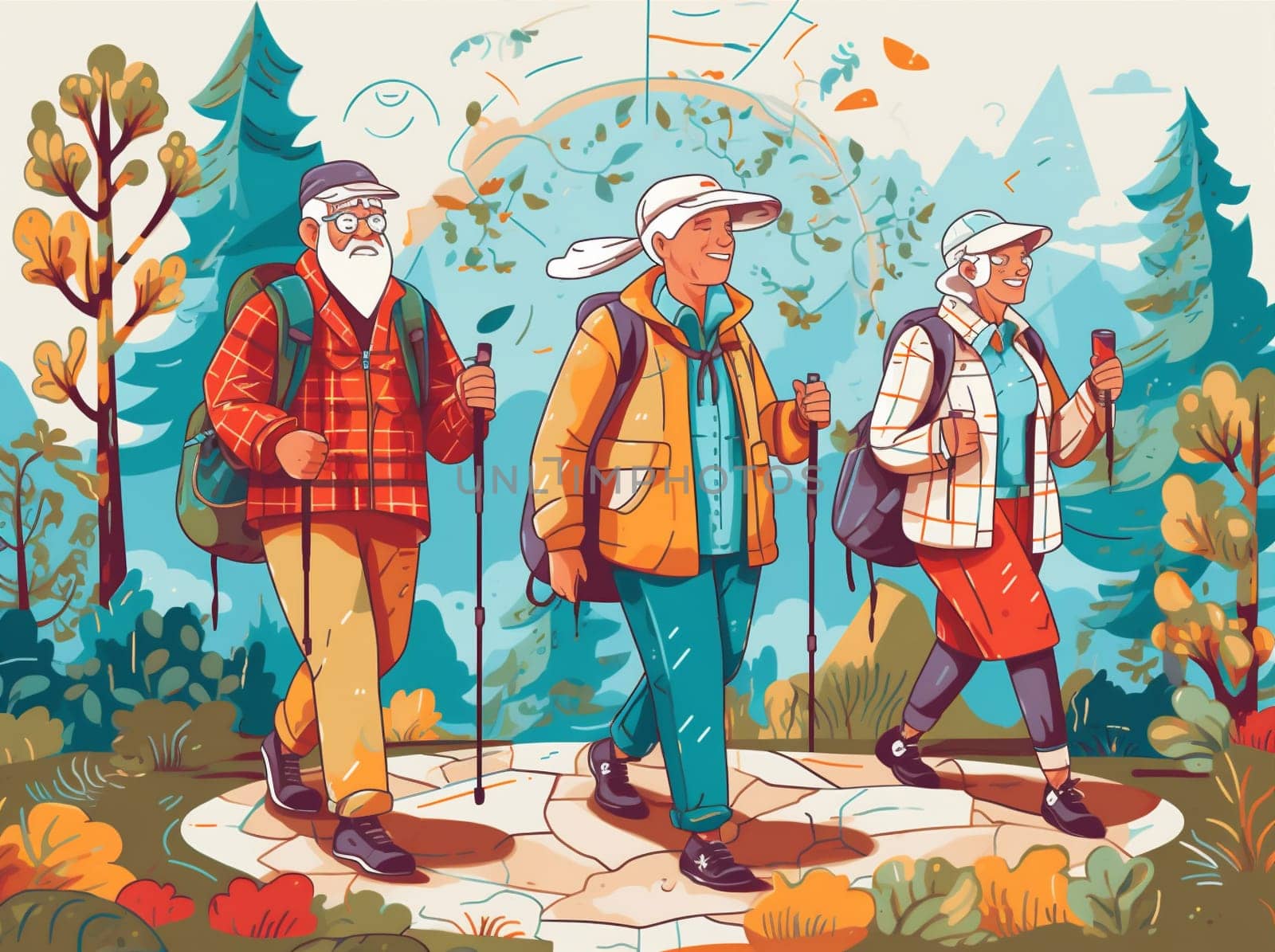 cartoon fitness road elderly old grandmother adventure love family retirement trekking grandfather aged illustration couple walking hiking happy senior active. Generative AI.