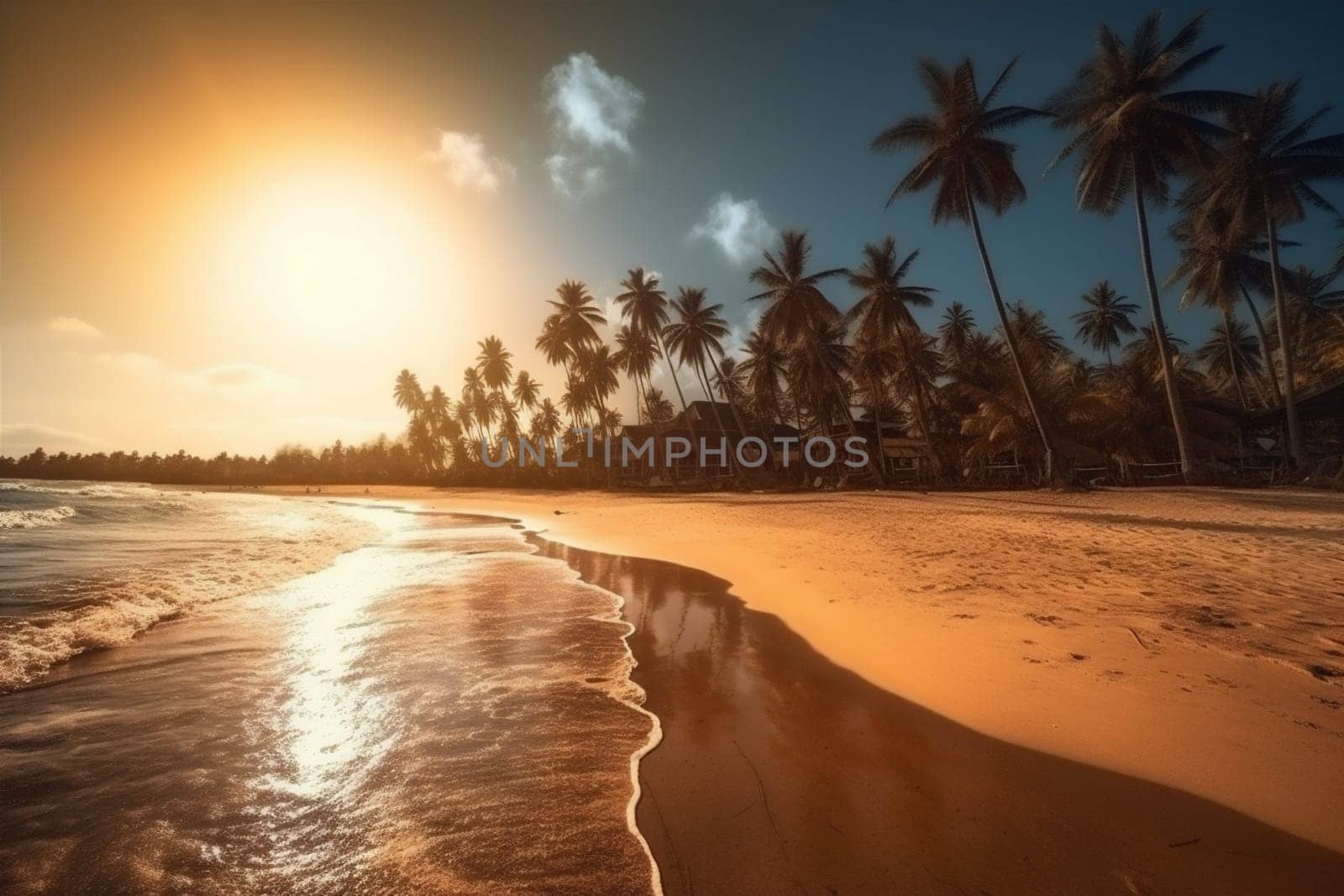 landscape sunset beach sunrise sky ocean sea palm island sun. Generative AI. by Vichizh