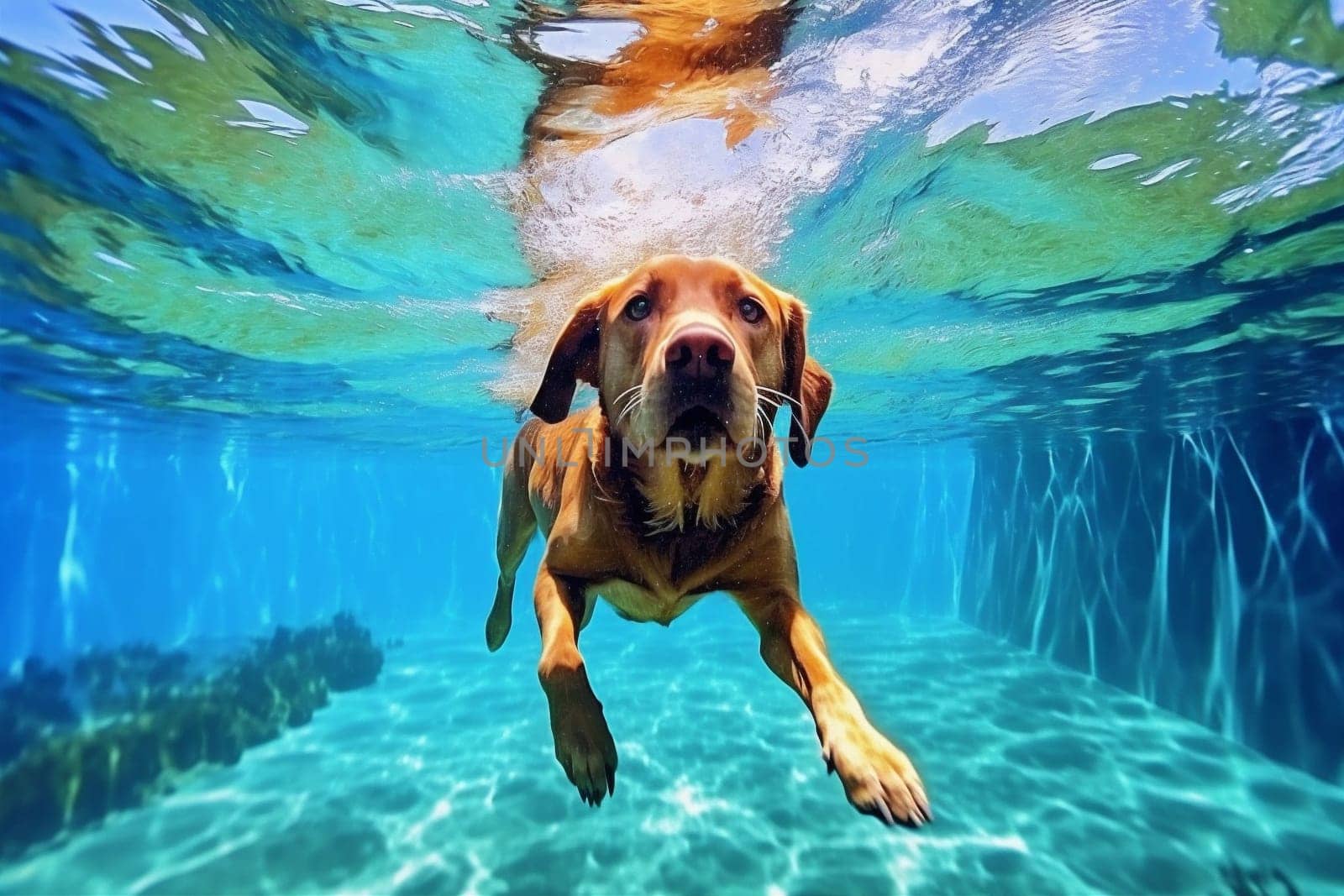 holiday dog deep underwater snorkeling dive pool water canine game puppy outdoor funny swimming sport swim jump vacation pool swimming fun. Generative AI.